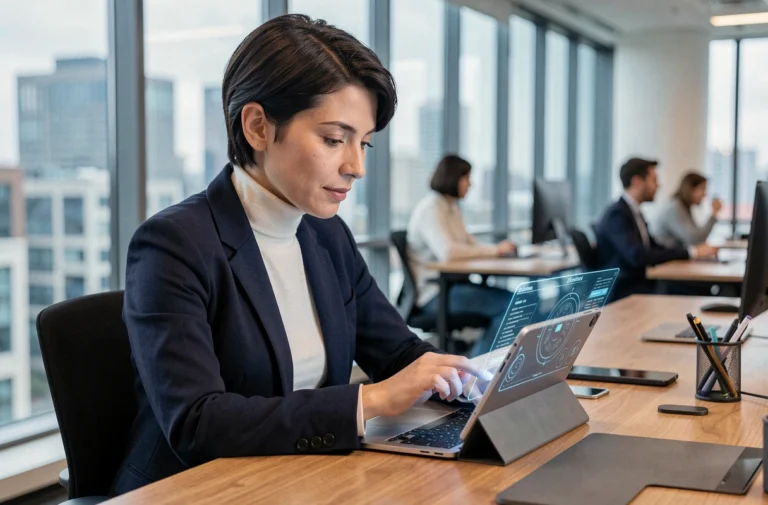 Femme professionnelle interagissant avec une interface de réalité augmentée sur tablette dans un bureau moderne, tendances technologiques 2024