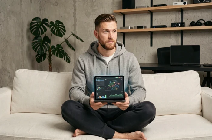 Jeune homme utilisant un appareil intelligent avec interface d'intelligence artificielle dans un home office contemporain, nouvelles technologies 2024