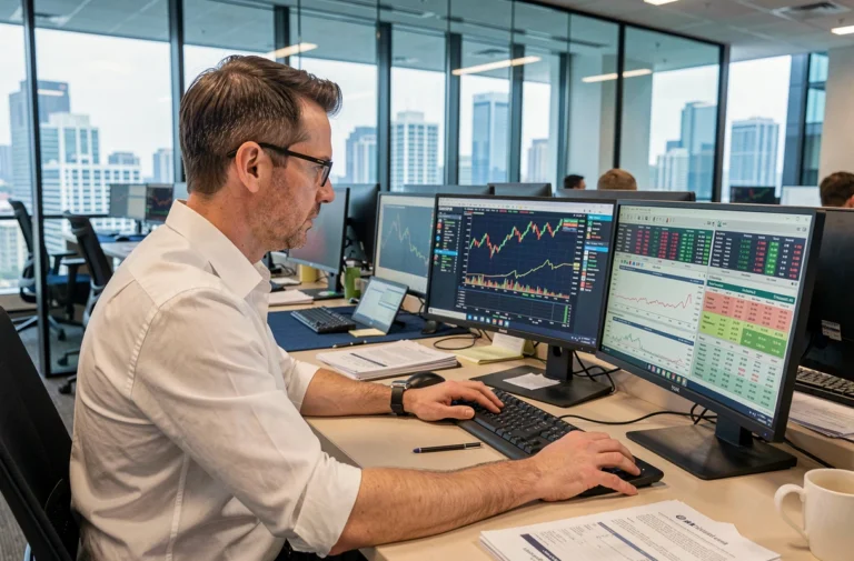 Trader analysant les courbes du cours de l'étain sur des écrans financiers dans une salle des marchés professionnelle