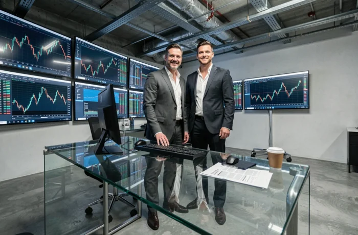 Trader masculin en costume charbon debout devant plusieurs écrans de cotations boursières dans une salle de marchés minimaliste