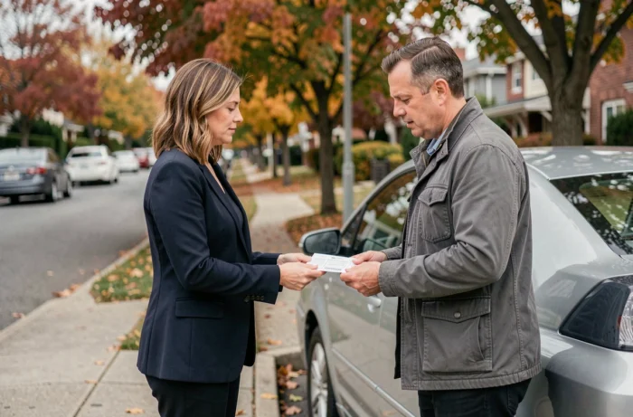 Une femme et un homme échangent des documents de carte grise lors d'un transfert de propriété d'un véhicule dans une rue résidentielle