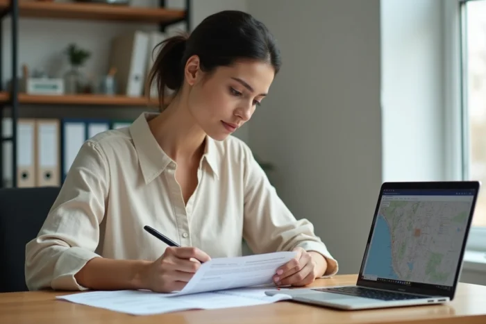 Femme consultant un bail immobilier à son bureau avec une carte de zone tendue sur son ordinateur portable