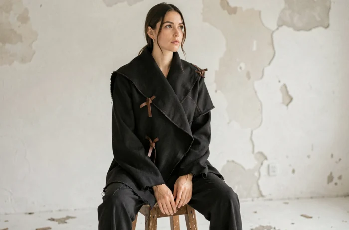 Mannequin féminine assise portant une veste déconstruite noire aux coutures apparentes dans un studio épuré style collection Carol Christian Poell