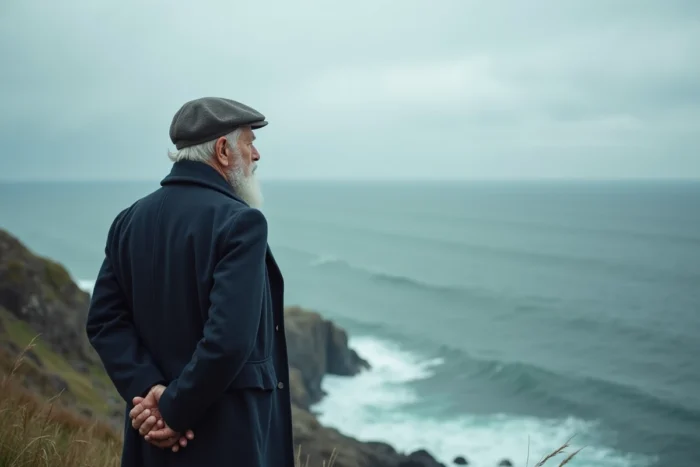 Vieil homme contemplant l'horizon au bord d'une falaise côtière, symbolisant la réflexion sur le sens de l'existence