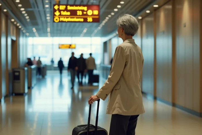 Femme adulte cherchant la zone fumeur dans un couloir d'aéroport après les contrôles de sécurité, suivant la signalétique directionnelle