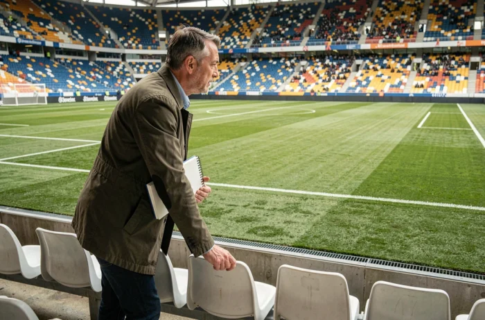 Homme évaluant la vue depuis une place en tribune basse près de la pelouse du Groupama Stadium