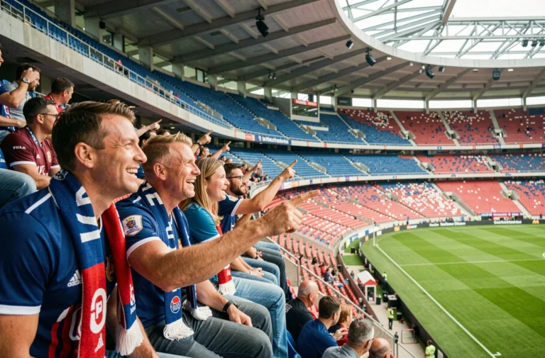 Supporters dans les tribunes hautes du Groupama Stadium montrant la vue panoramique sur la pelouse