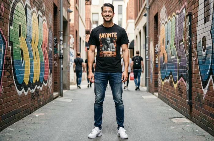 Jeune créateur de contenu en tenue streetwear devant un mur de graffitis urbains mettant en valeur sa taille