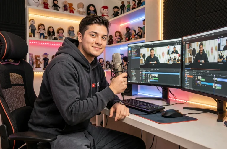 Jeune YouTubeur assis à son bureau de studio d'enregistrement avec microphone et écrans de montage vidéo